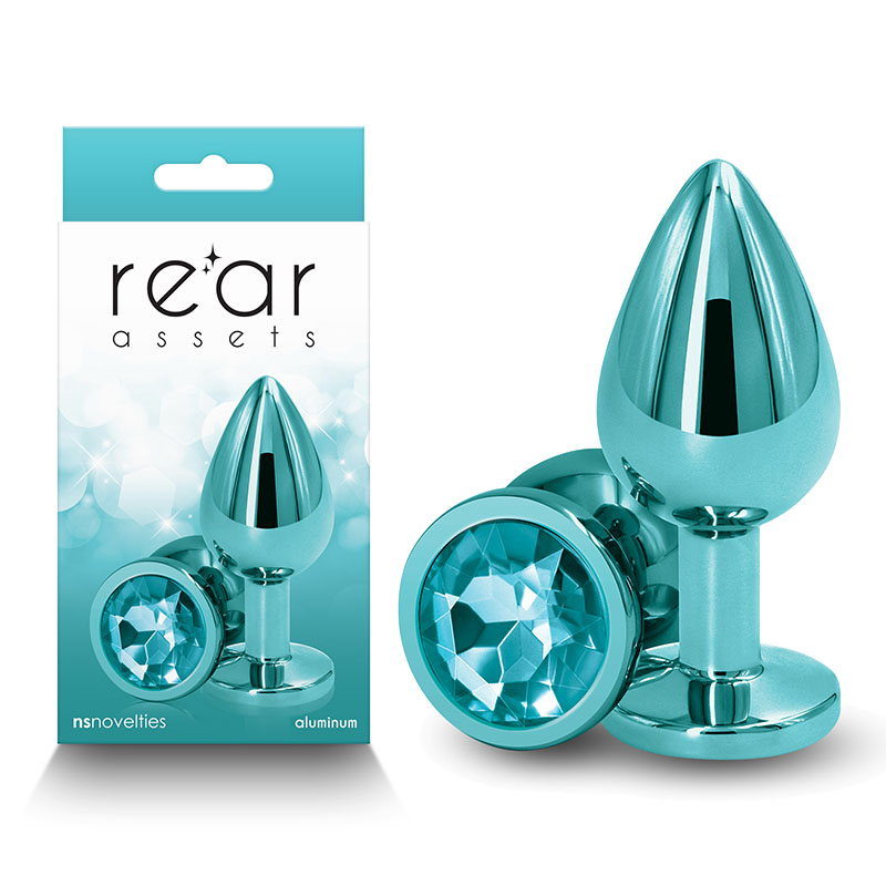 Rear Assets Medium Metal Butt Plug with Round Gem Base - Teal