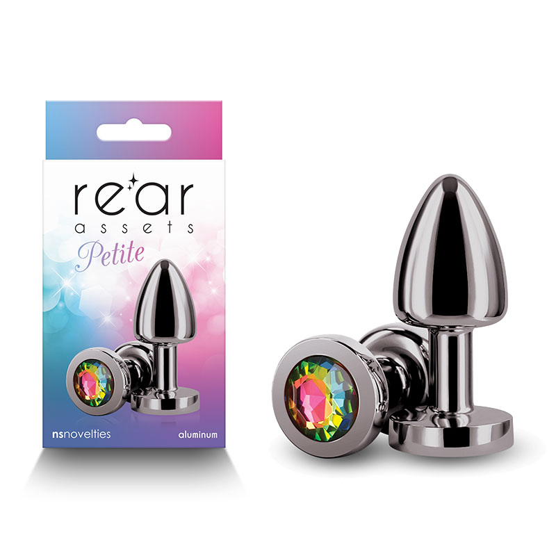 Rear Assets Petite Metal Butt Plug with Round Rainbow Gem Base - Gunmetal