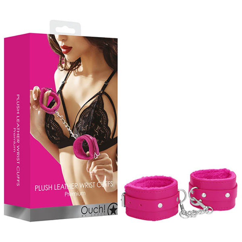 OUCH! Plush Leather Hand Cuffs - Pink