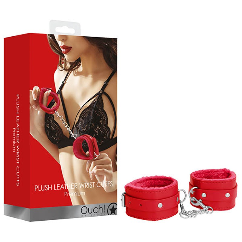 OUCH! Plush Leather Hand Cuffs - Red